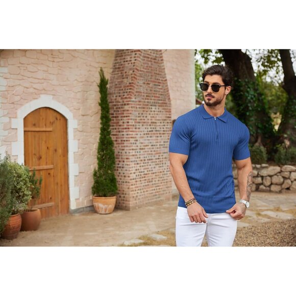 Men's Zipper Polo Shirts Short Sleeve Ribbed Knit Polo T Shirts Blue - Picture 7 of 7